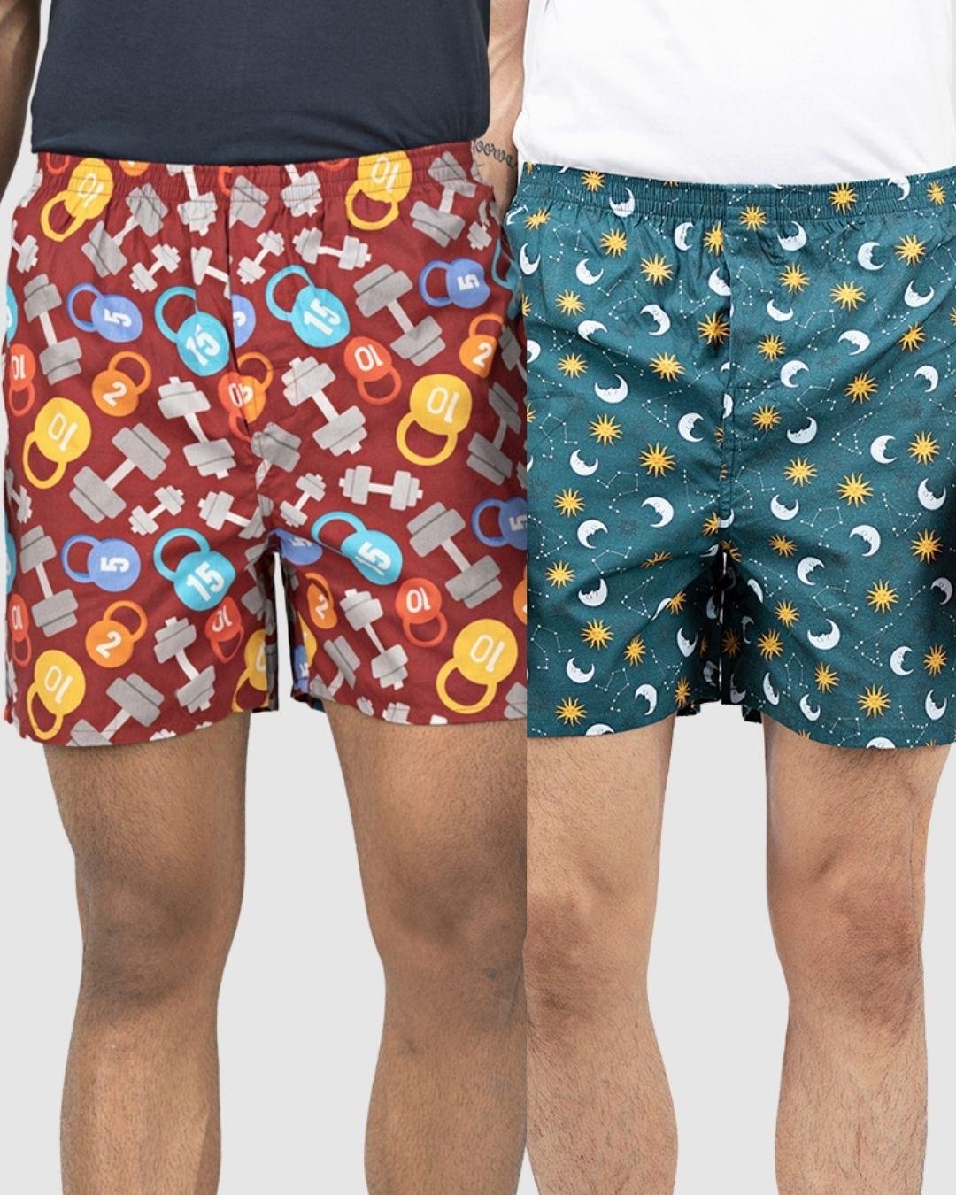Shop Pack of 2 Men's Red & Green All Over Printed Boxers-Back