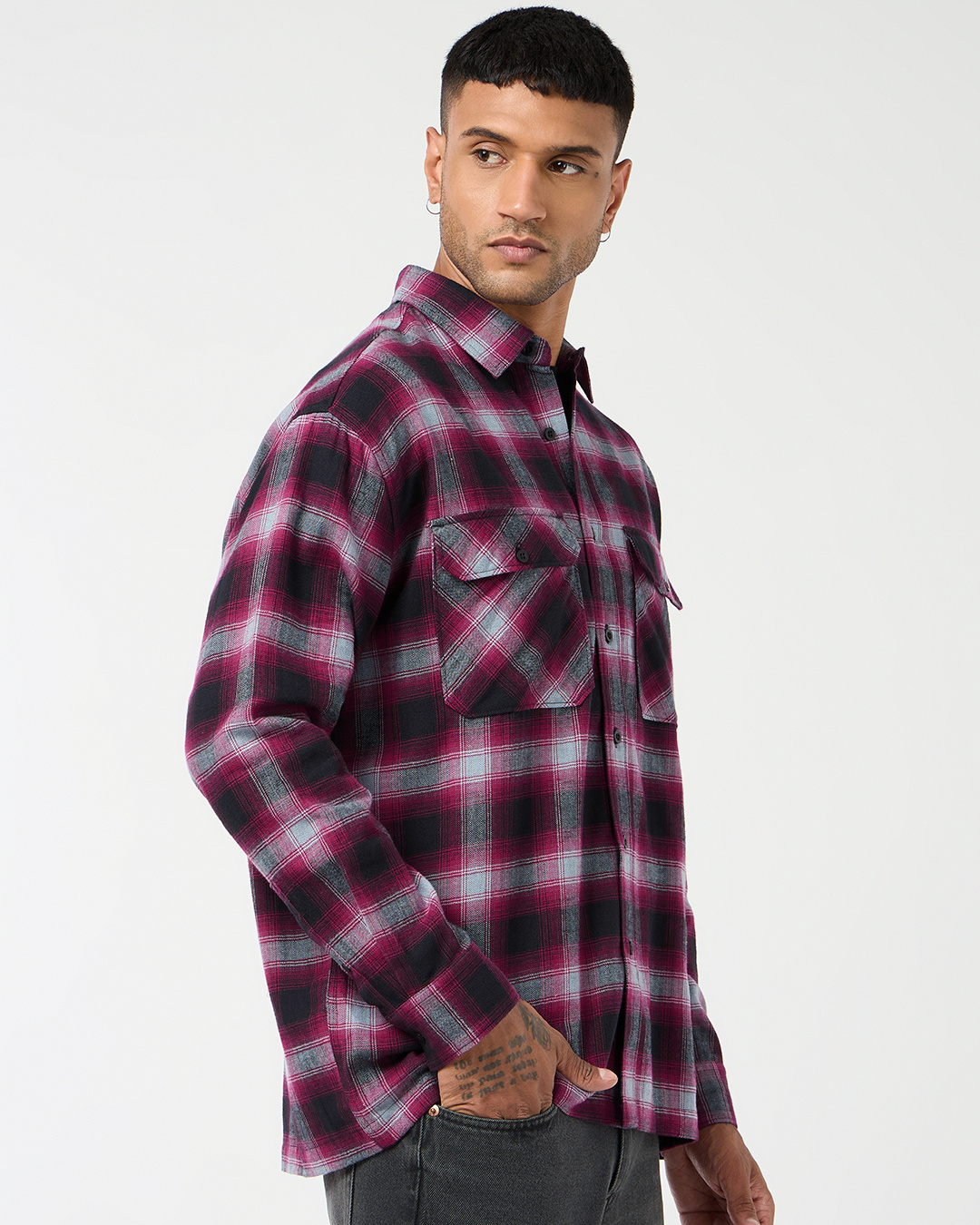 Shop Men's Burgundy & Grey Checked Oversized Shirt-Back