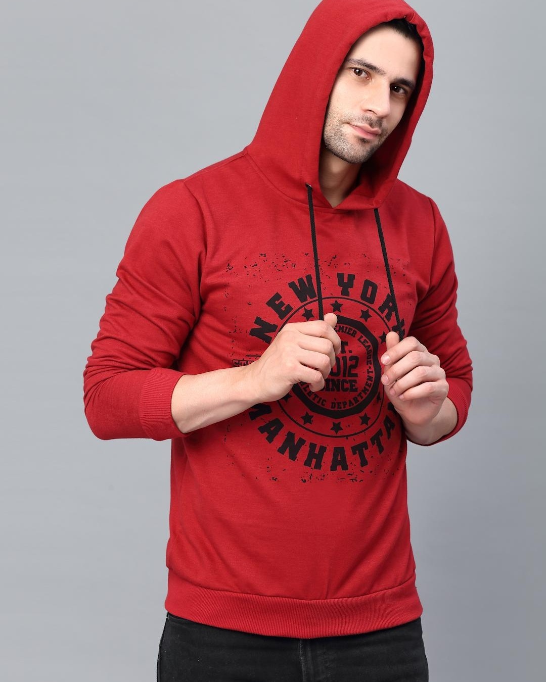 Buy Men's Red New York Typography Slim Fit Hooded Sweatshirt Online at ...