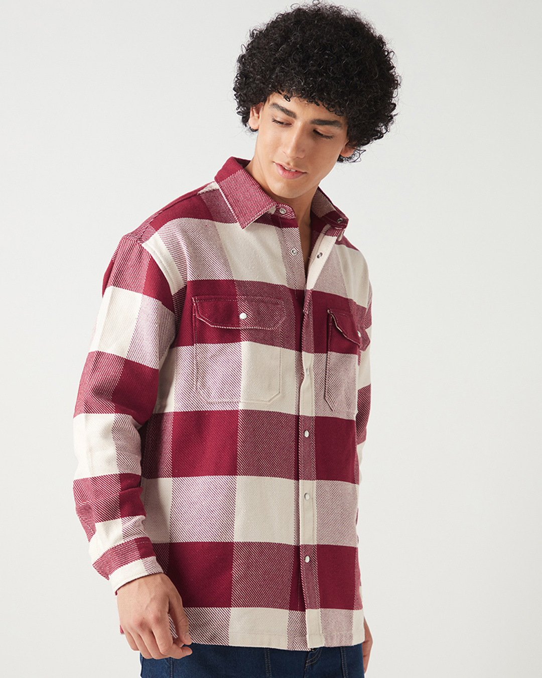 Shop Men's Red & Off White Checked Oversized Shirt-Back