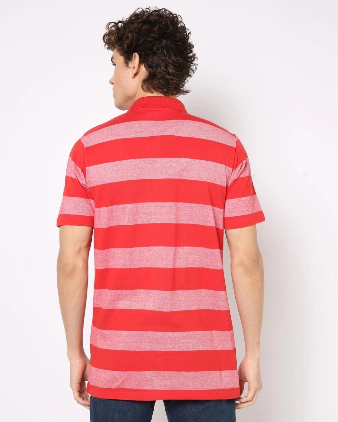 Shop Men's Red & Pink Striped Polo T-shirt-Back