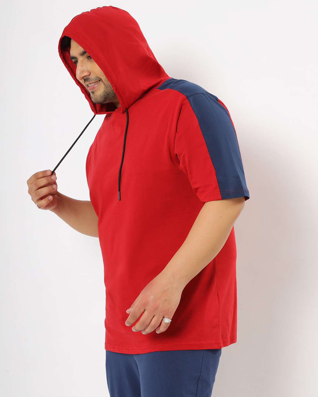 Shop Men's Red Plus Size Color Block Hoodie T-shirt-Back