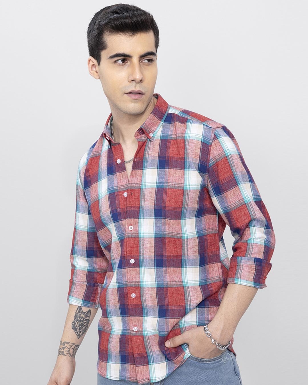Shop Men's Red Portrait Checked Slim Fit Shirt-Back