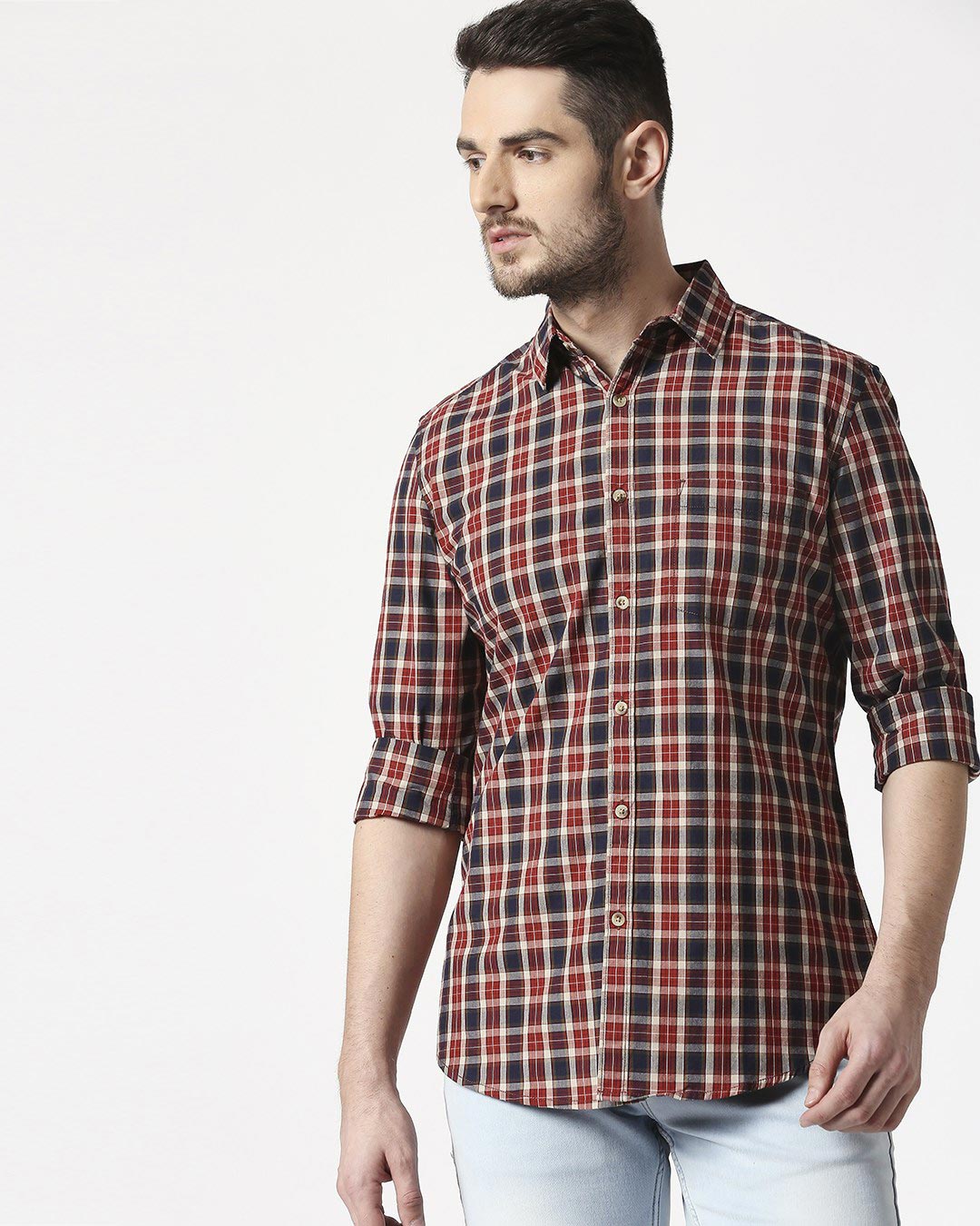 Shop Men's Red Slim Fit Casual Check Shirt-Back