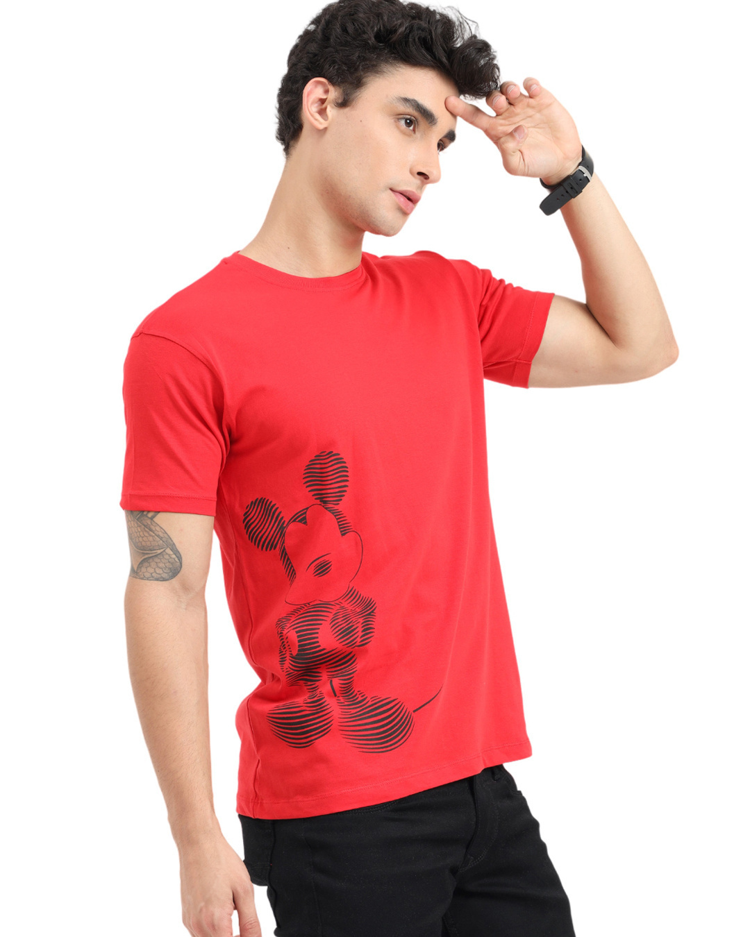 Shop Men's Red Stripe Effect Mickey Mouse Printed T-shirt-Back