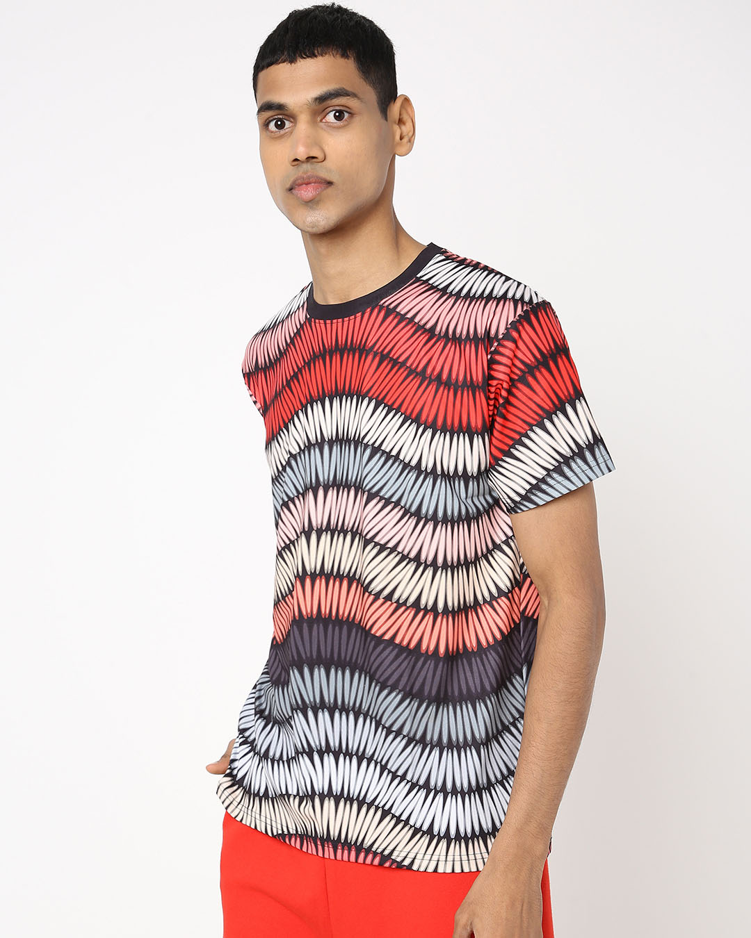 Shop Men's Red & White All Over Autumn Waves Printed T-shirt-Back