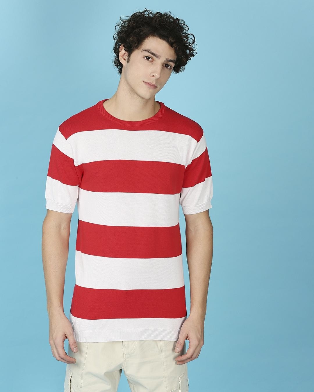 Buy Men's Red & Striped Knitted Slim Fit T-shirt for Men Online at Bewakoof
