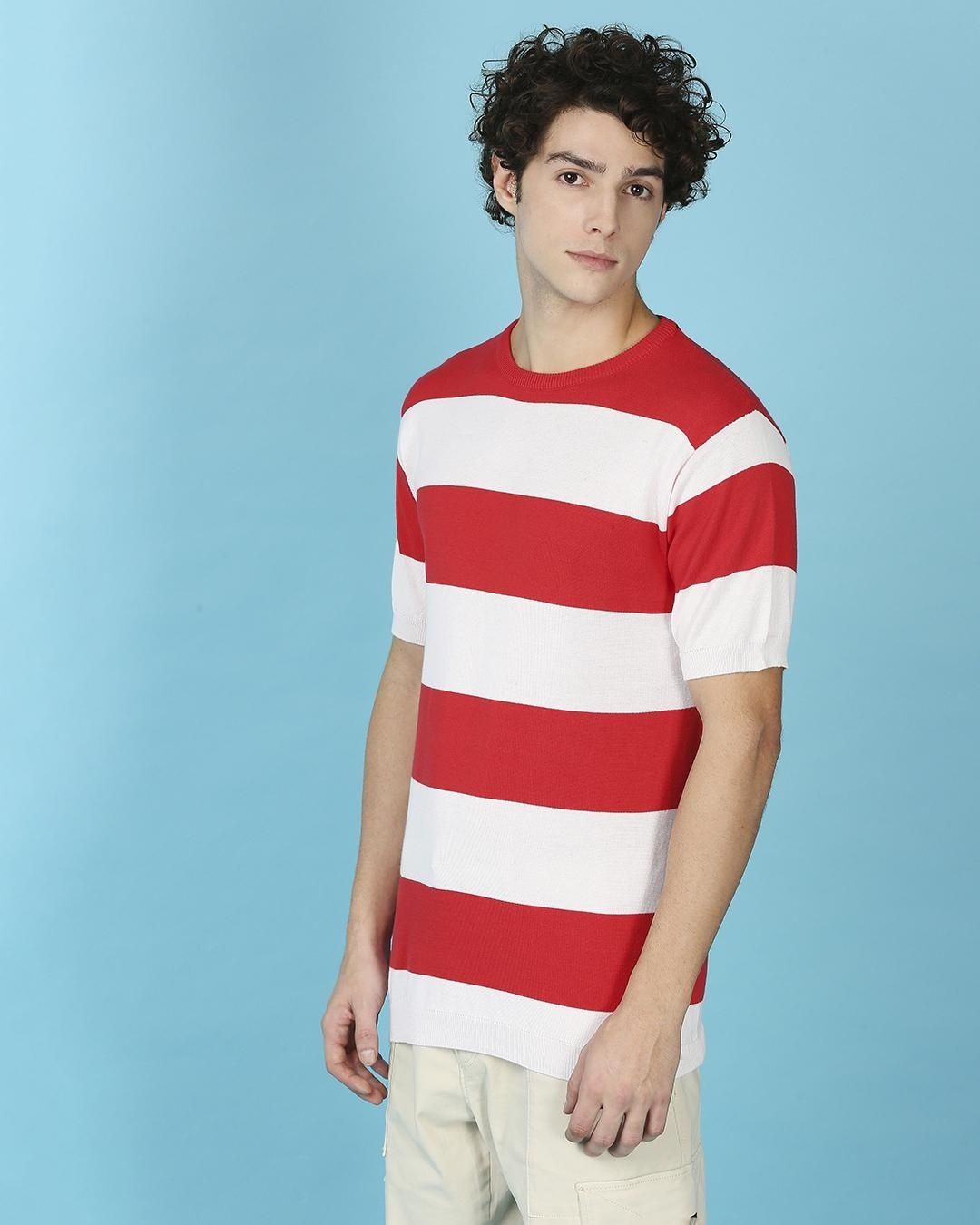 Shop Men's Red & White Striped Knitted Slim Fit T-shirt-Back