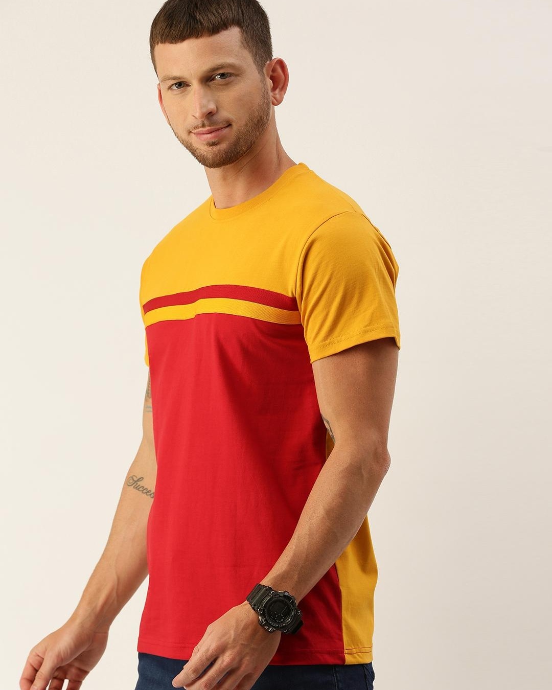 Shop Men's Red & Yellow Color Block T-shirt-Back