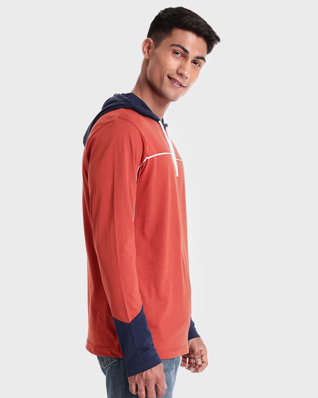 Shop Men's Orange & Blue Color Block Hoodie T-shirt-Back