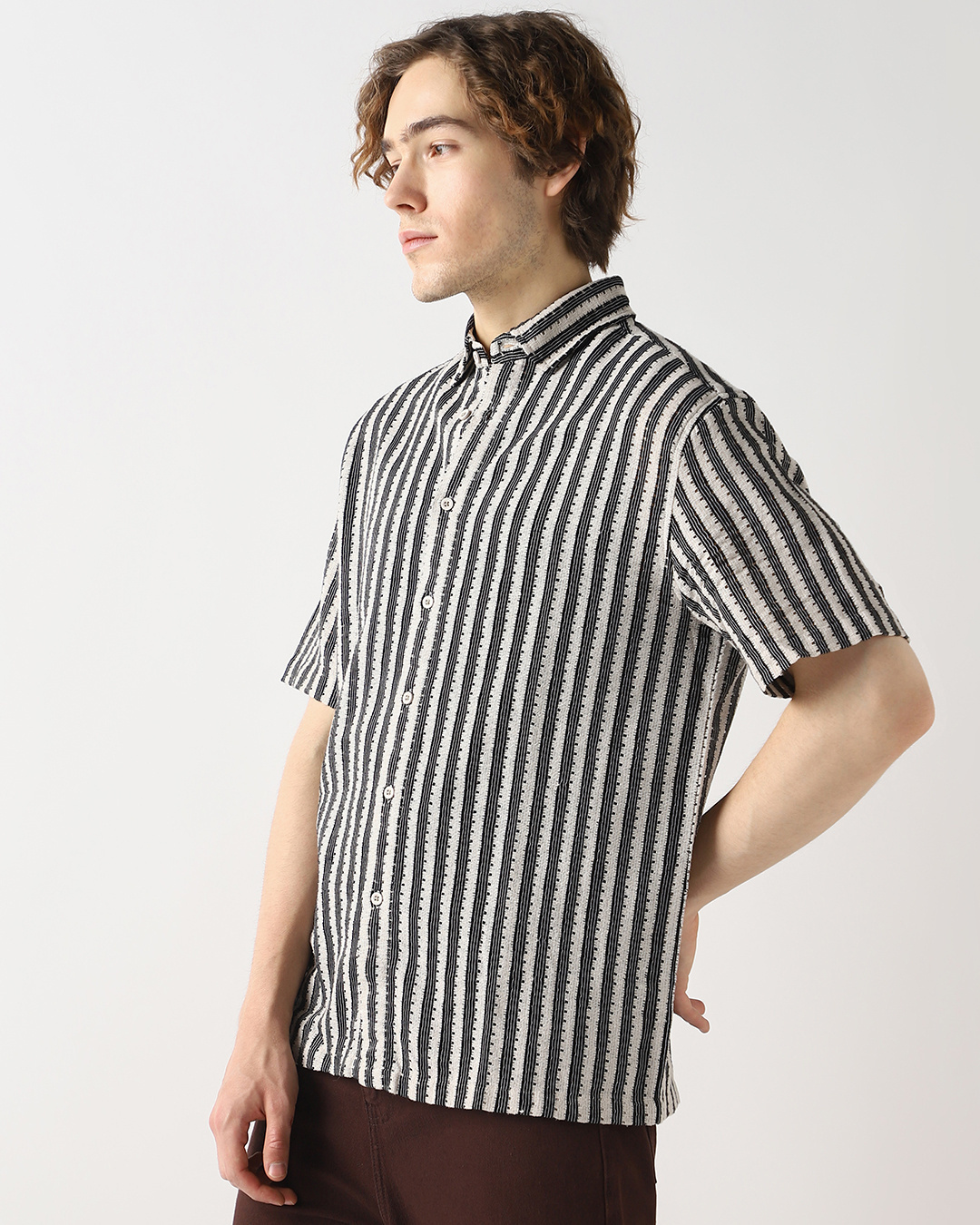 Shop Men's Black & Off White Striped Oversized Shirt-Back