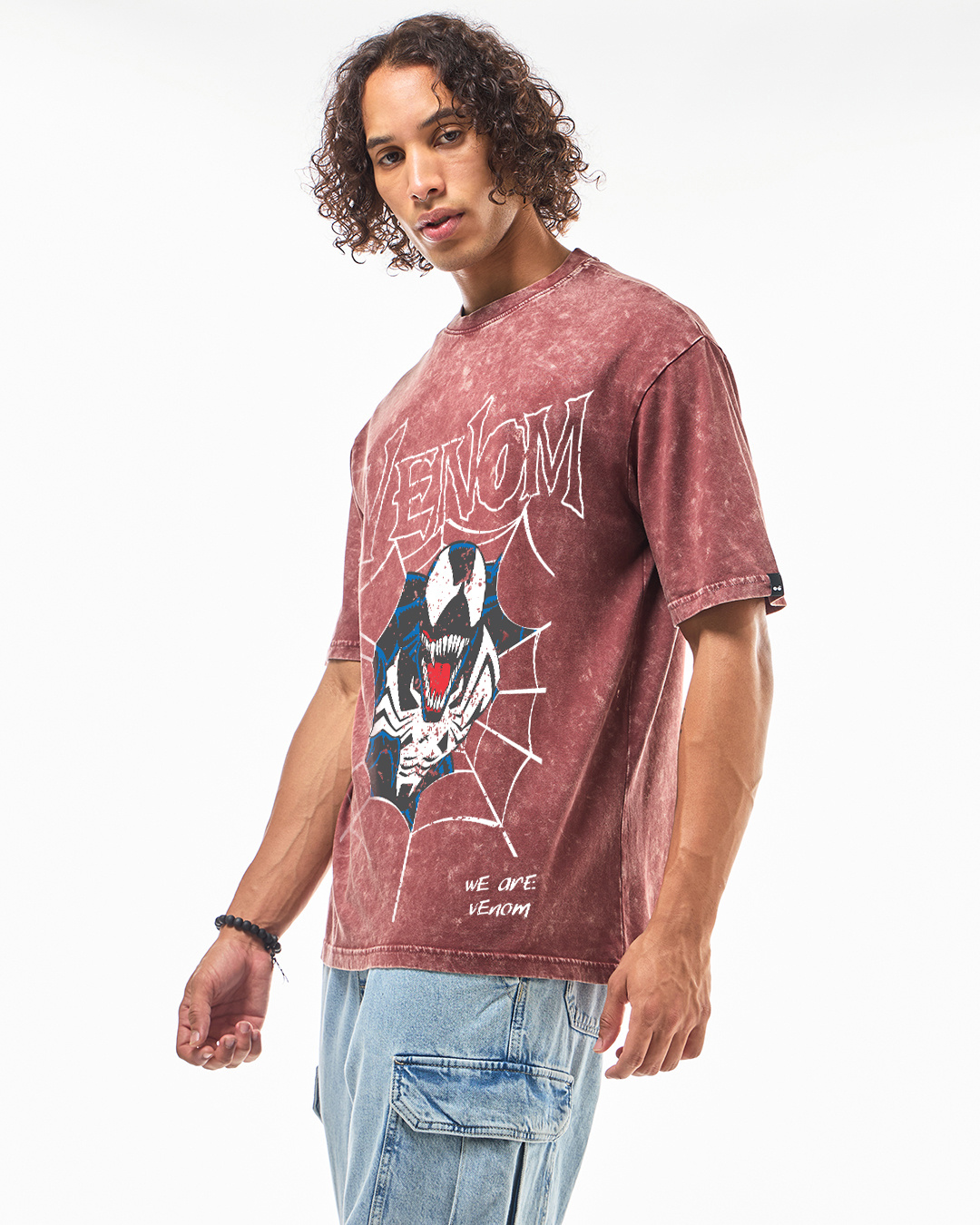 Shop Men's's Brick Red Veom Web Graphic Printed Oversized Acid Wash T-shirt-Back