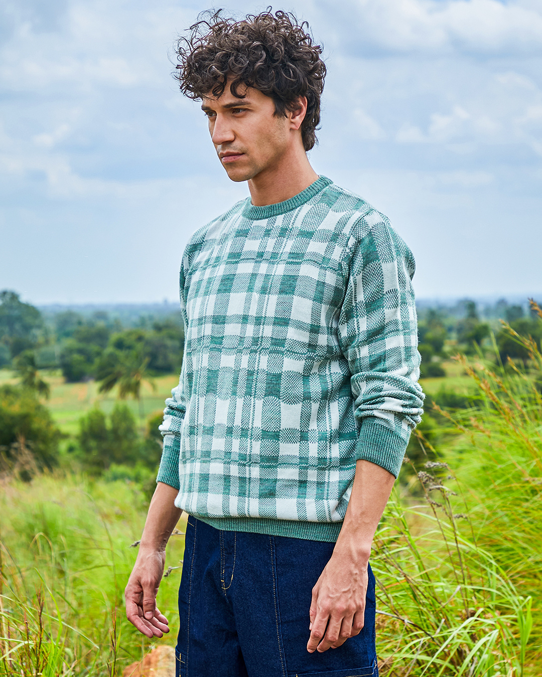 Shop Men's Sage Green Checked Sweater-Back