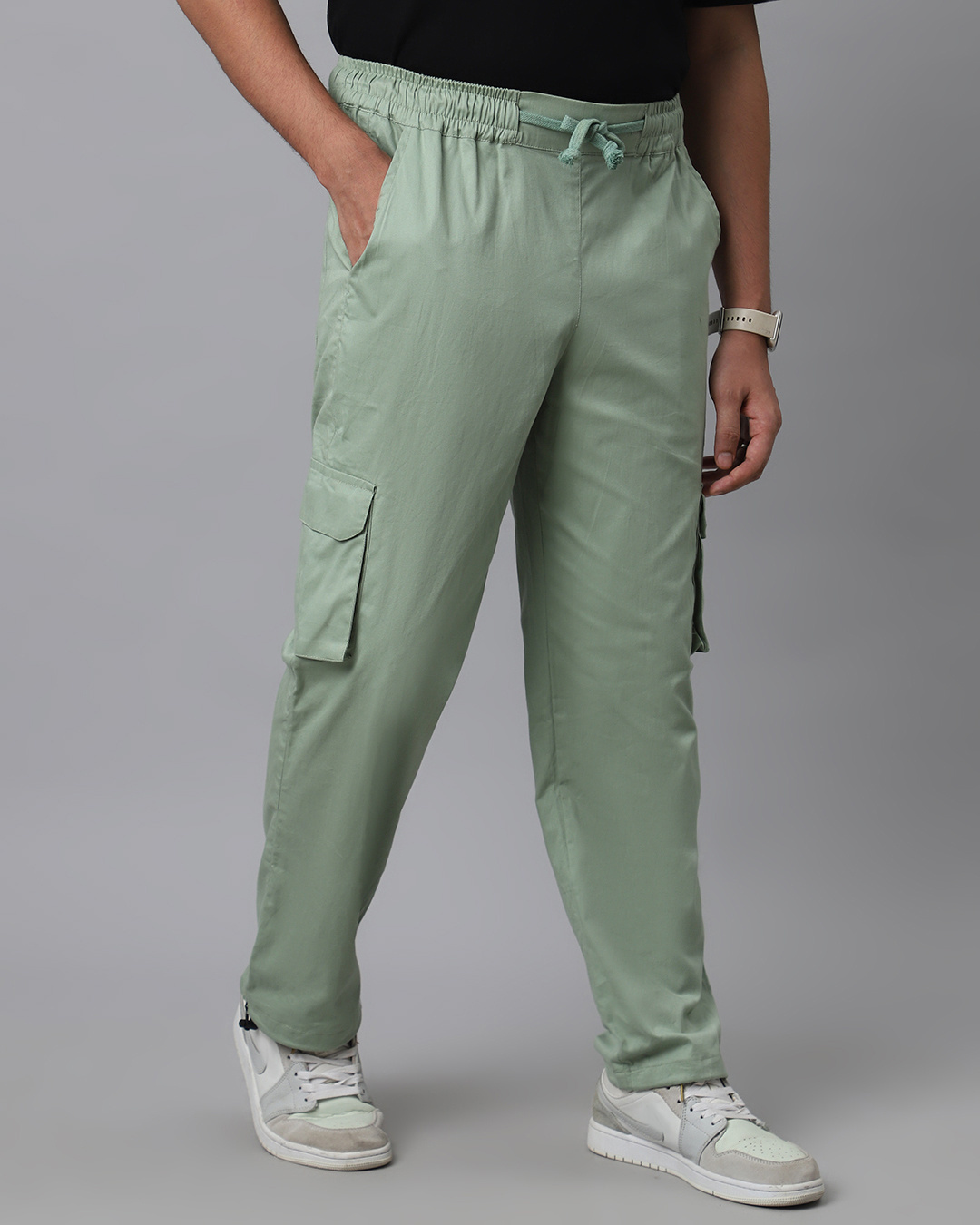 Shop Men's Sage Green Loose Comfort Fit Cargo Parachute Pants-Back