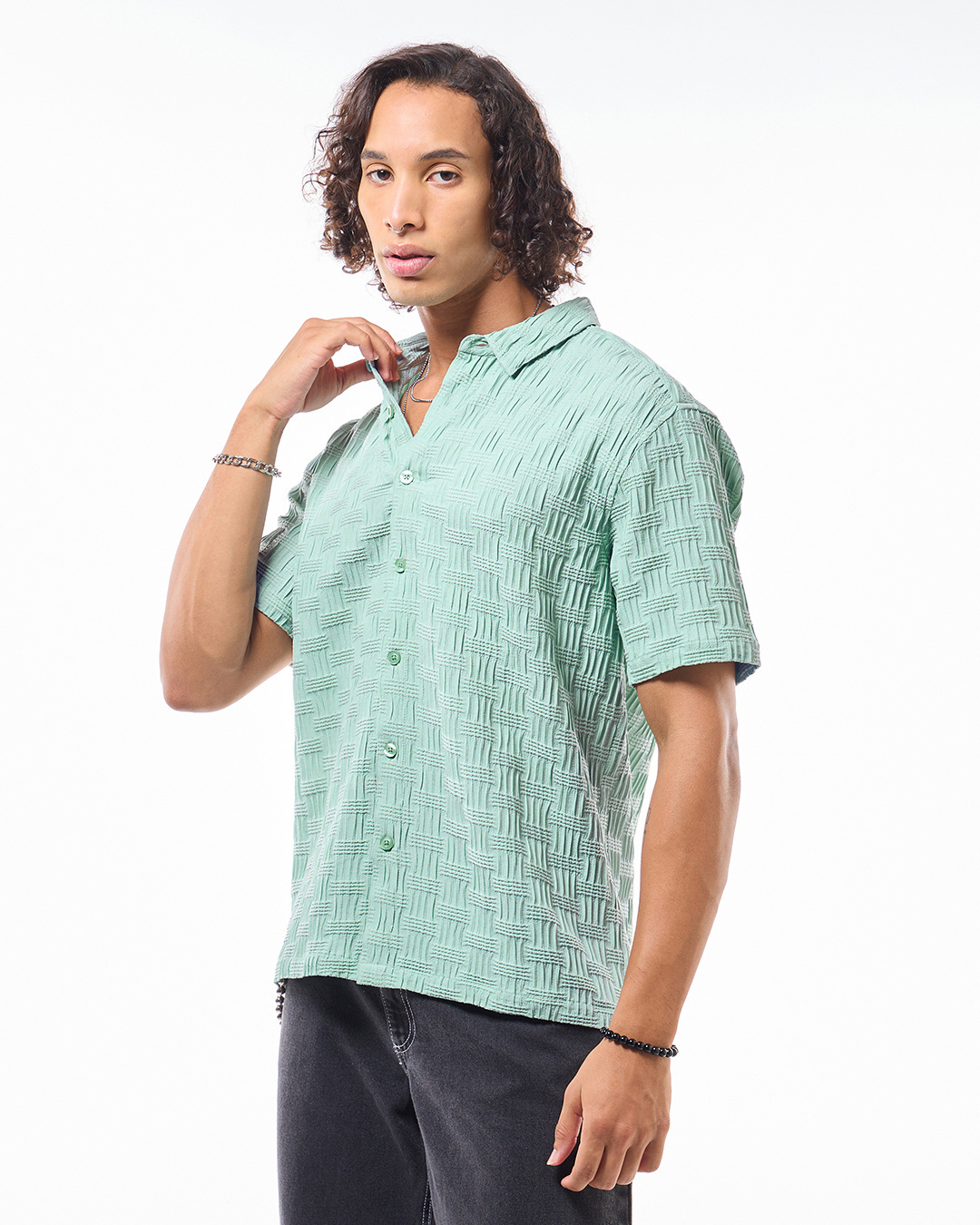 Shop Men's Sage Green Textured Oversized Shirt-Back