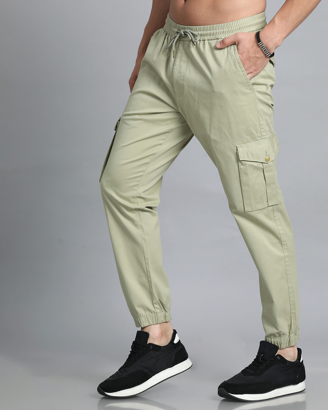 Shop Men's Sage Green Slim Fit Cargo Joggers-Back