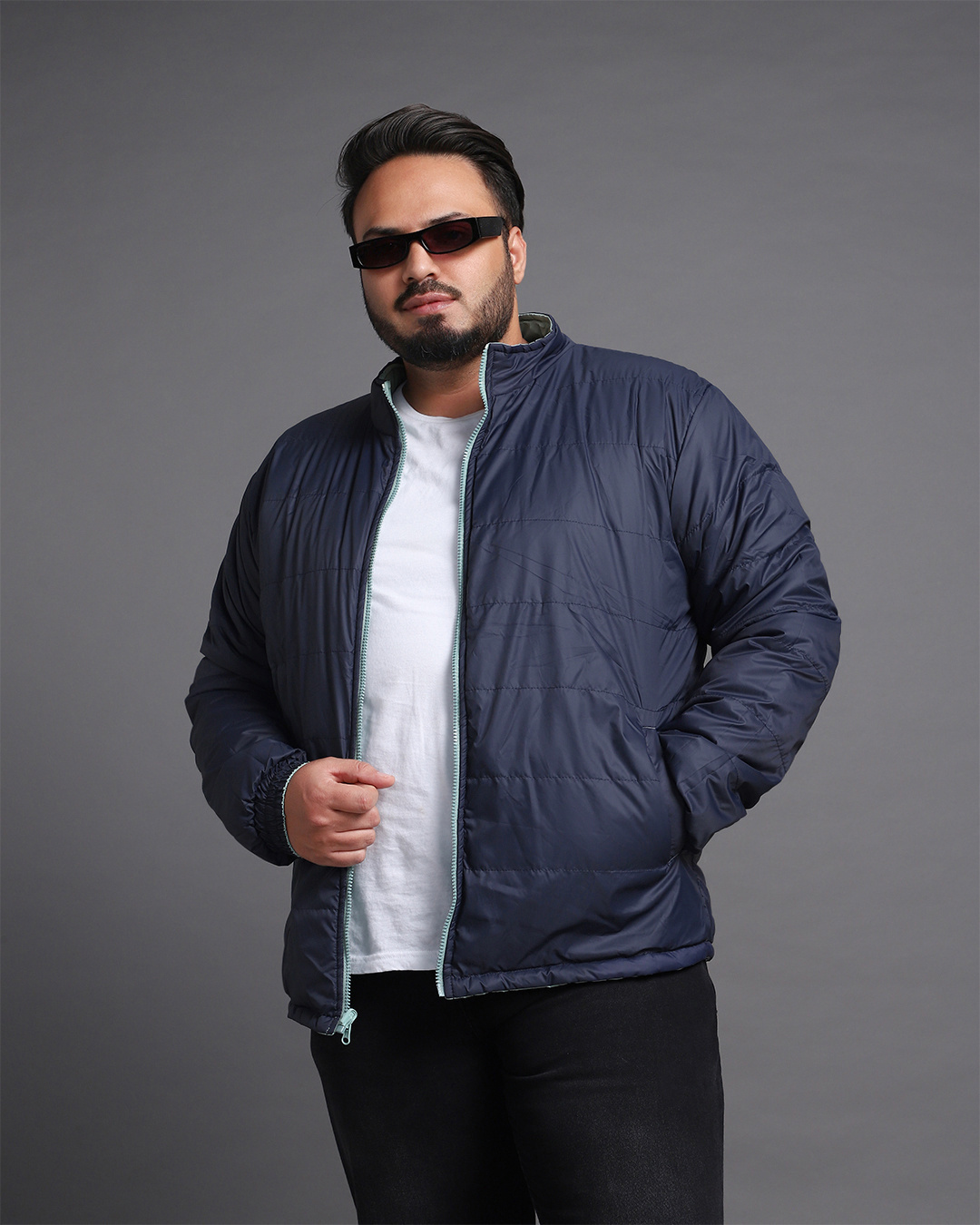 Shop Men's Sage & Navy Plus Size Reversible Puffer Jacket-Back