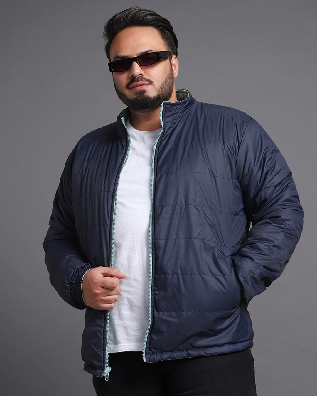 Shop Men's Sage & Navy Plus Size Reversible Puffer Jacket-Back