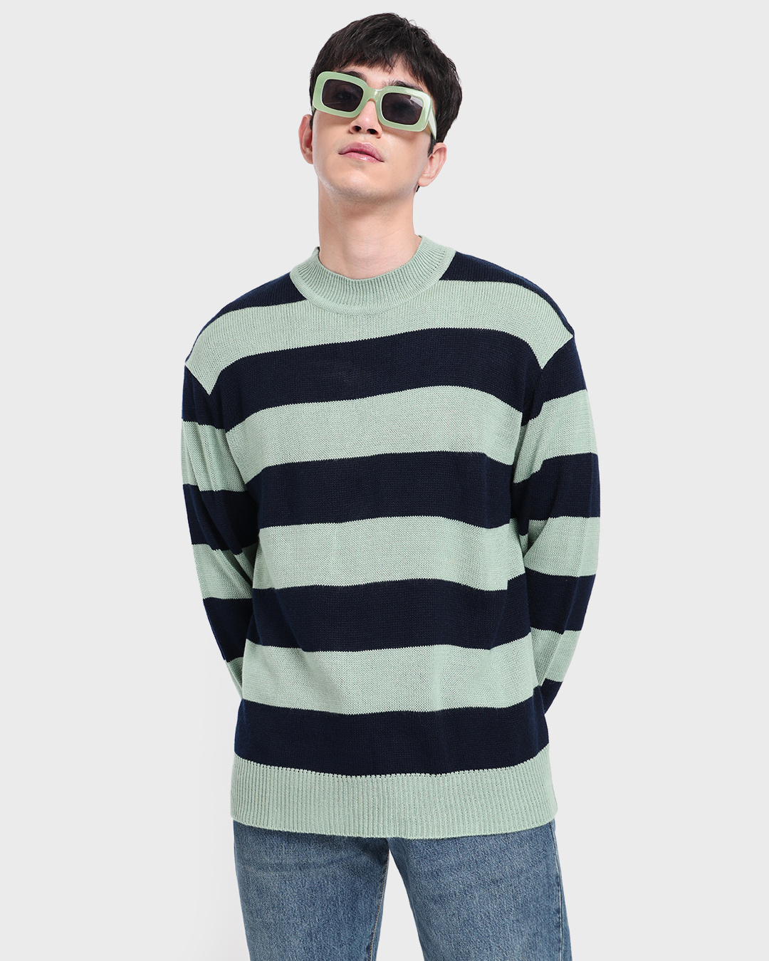 Men Oversized Stripe Sweater - Light Grey - SM2603034B