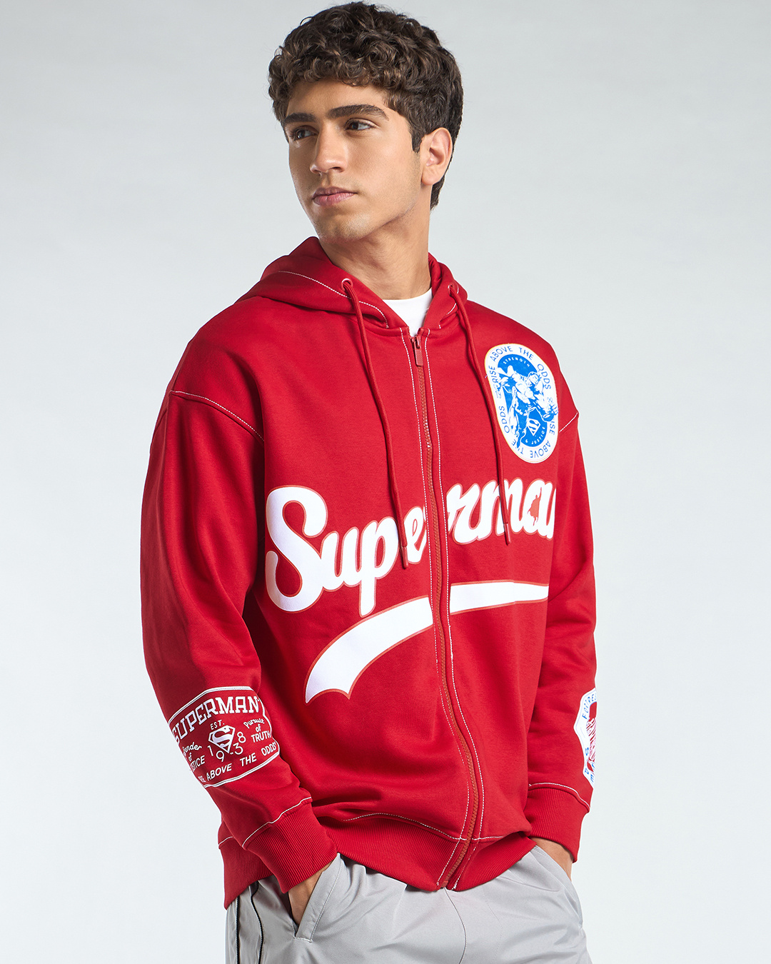 Shop Men's Salsa Red Superman Graphic Printed Oversized Zipper Hoodies-Back