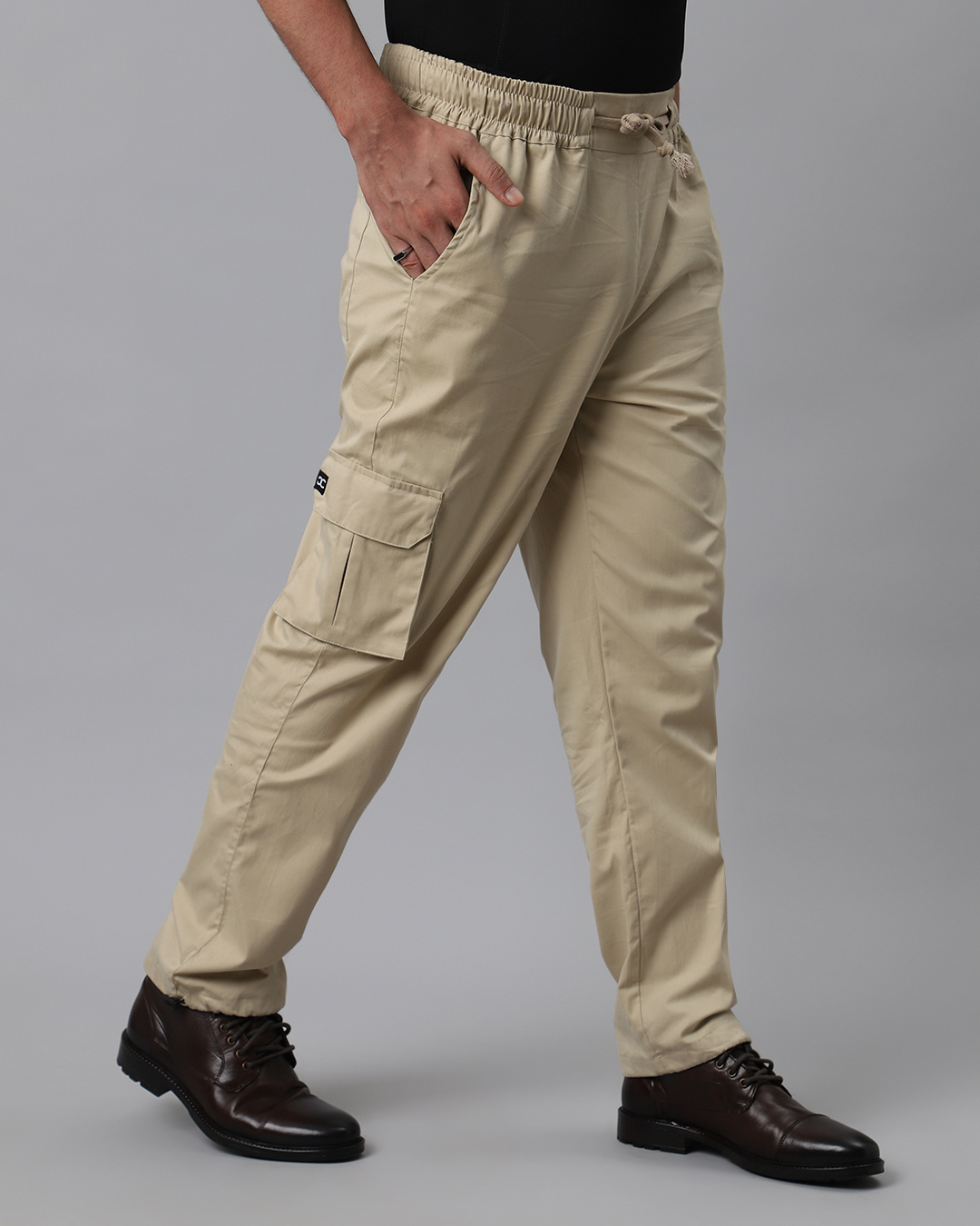 Shop Men's Sand Beige Loose Comfort Fit Cargo Parachute Pants-Back