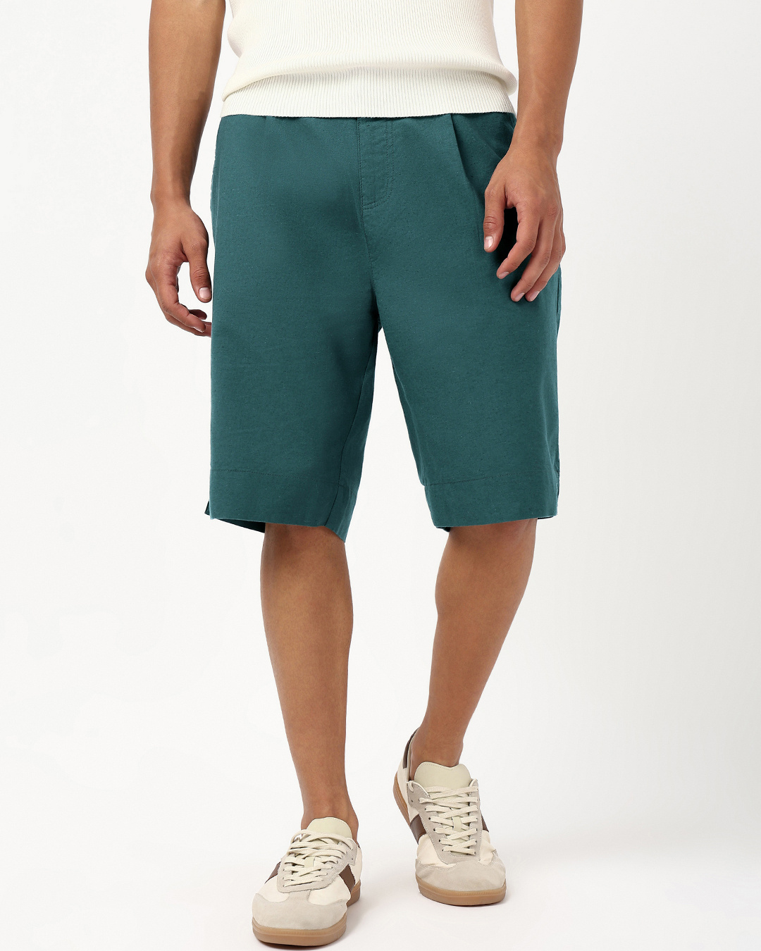 Shop Men's Sea Moss Green Oversized Cotton Linen Shorts-Back
