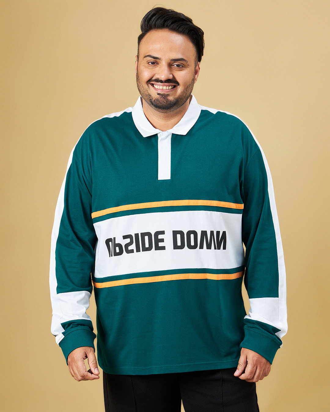 Shop Men's Green & White Side Down Typography Oversized Plus Size Polo T-shirt-Back