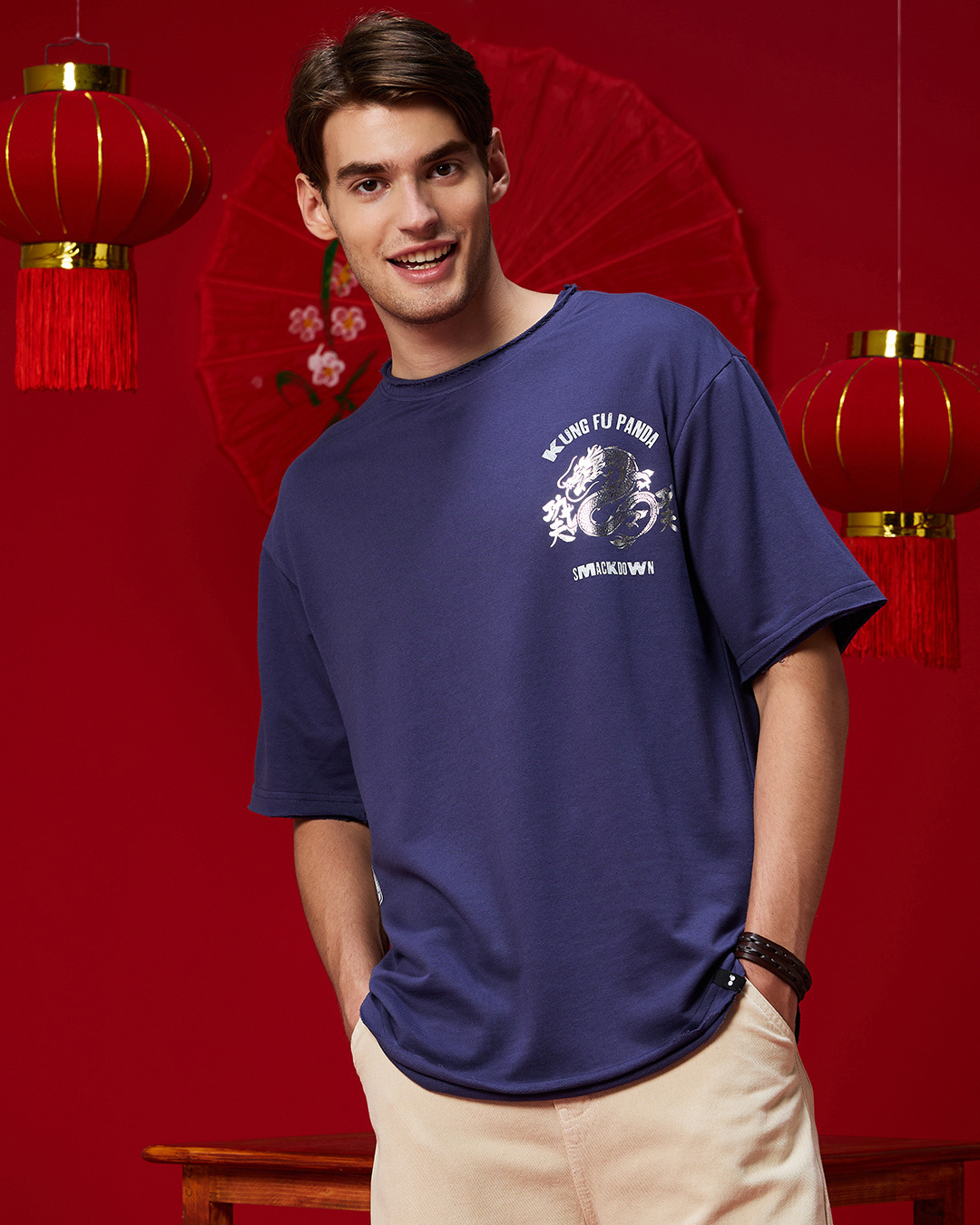 Shop Men's Skipper Blue Kungfu Smackdown Graphic Printed Oversized T-shirt-Back