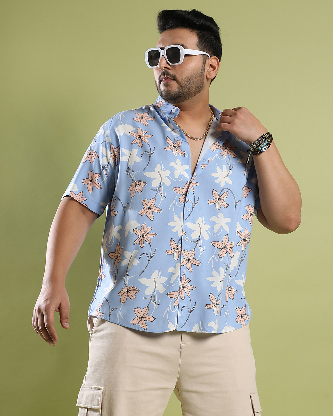 Shop Men's Sky Blue Airy Flower Printed Oversized Plus Size Shirt-Back
