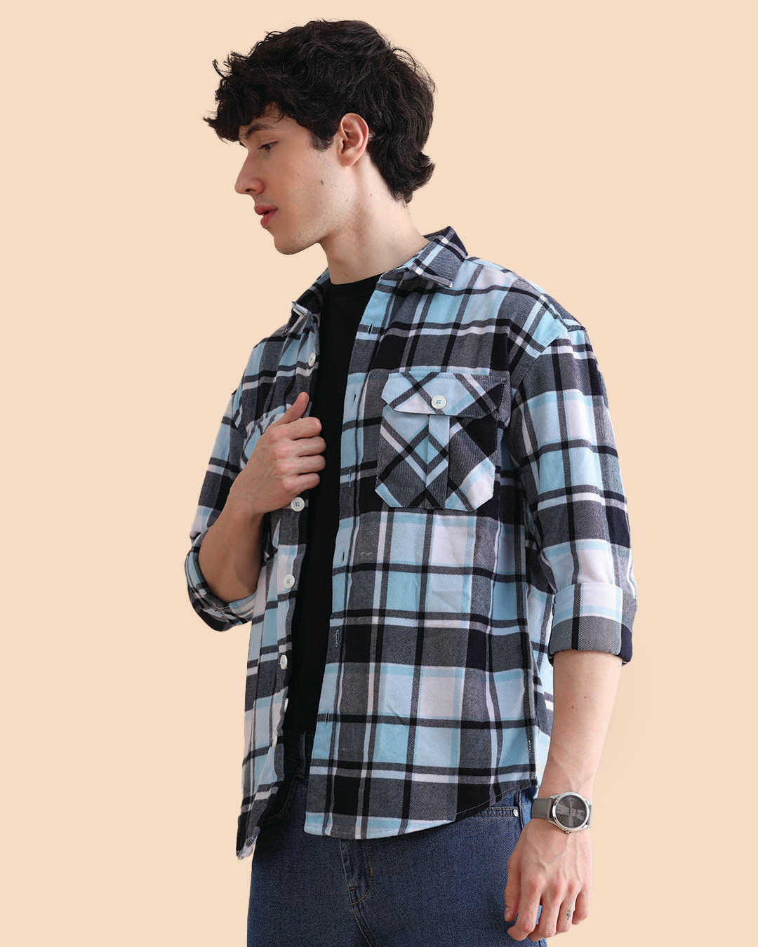 Shop Men's Sky Blue & Black Checked Oversized Shacket-Back