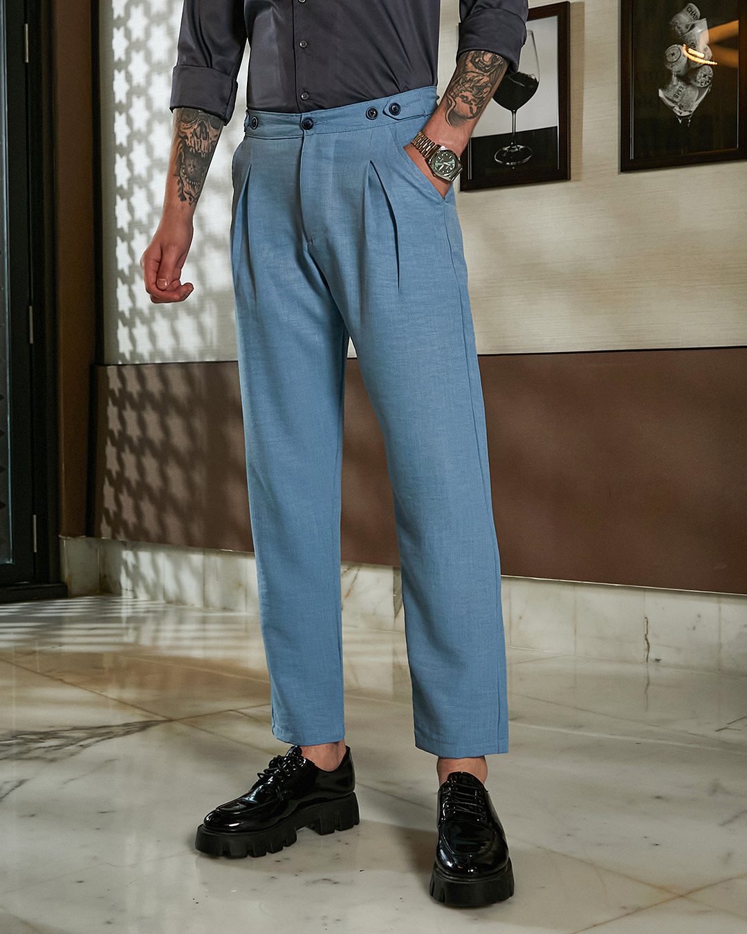 Buy Men's Sky Blue Pleated Pants Online in India at Bewakoof