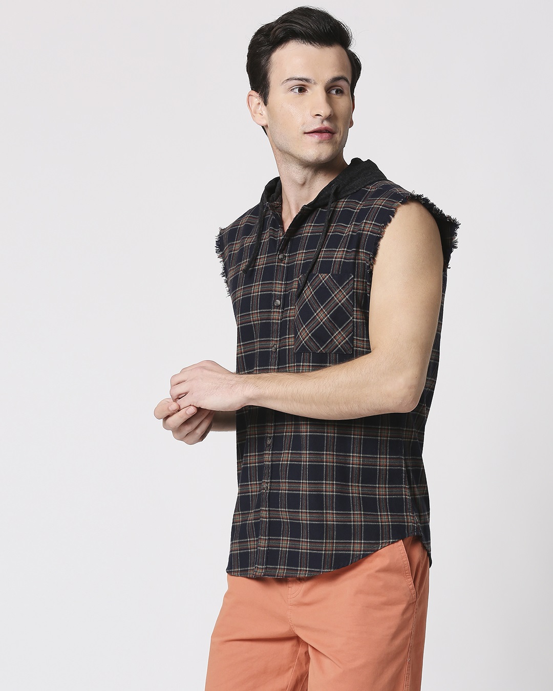 ShopMens Sleeveless Checks Hoodie Shirt-Full