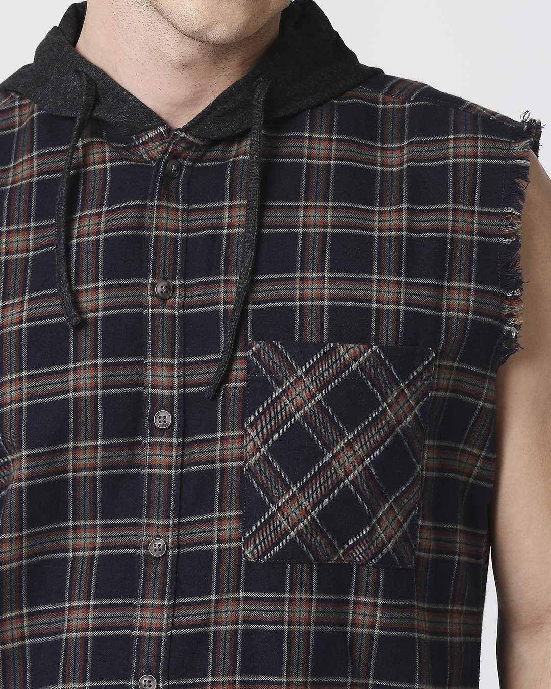 ShopMens Sleeveless Checks Hoodie Shirt