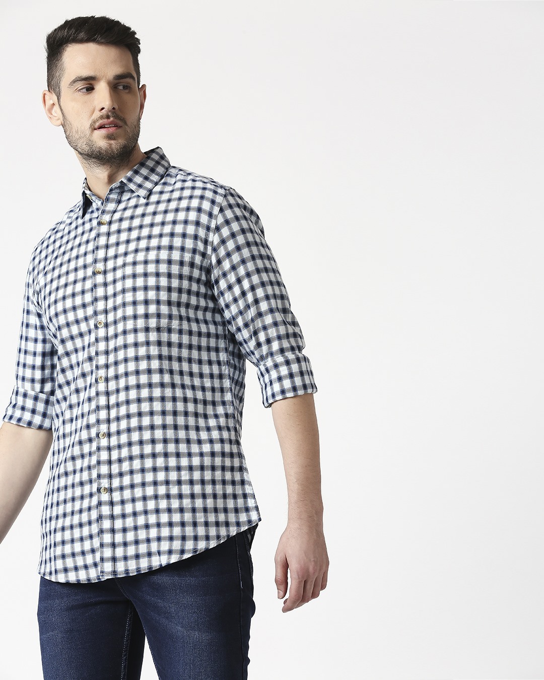 Shop Men's White & Blue Slim Fit Casual Indigo Shirt-Back