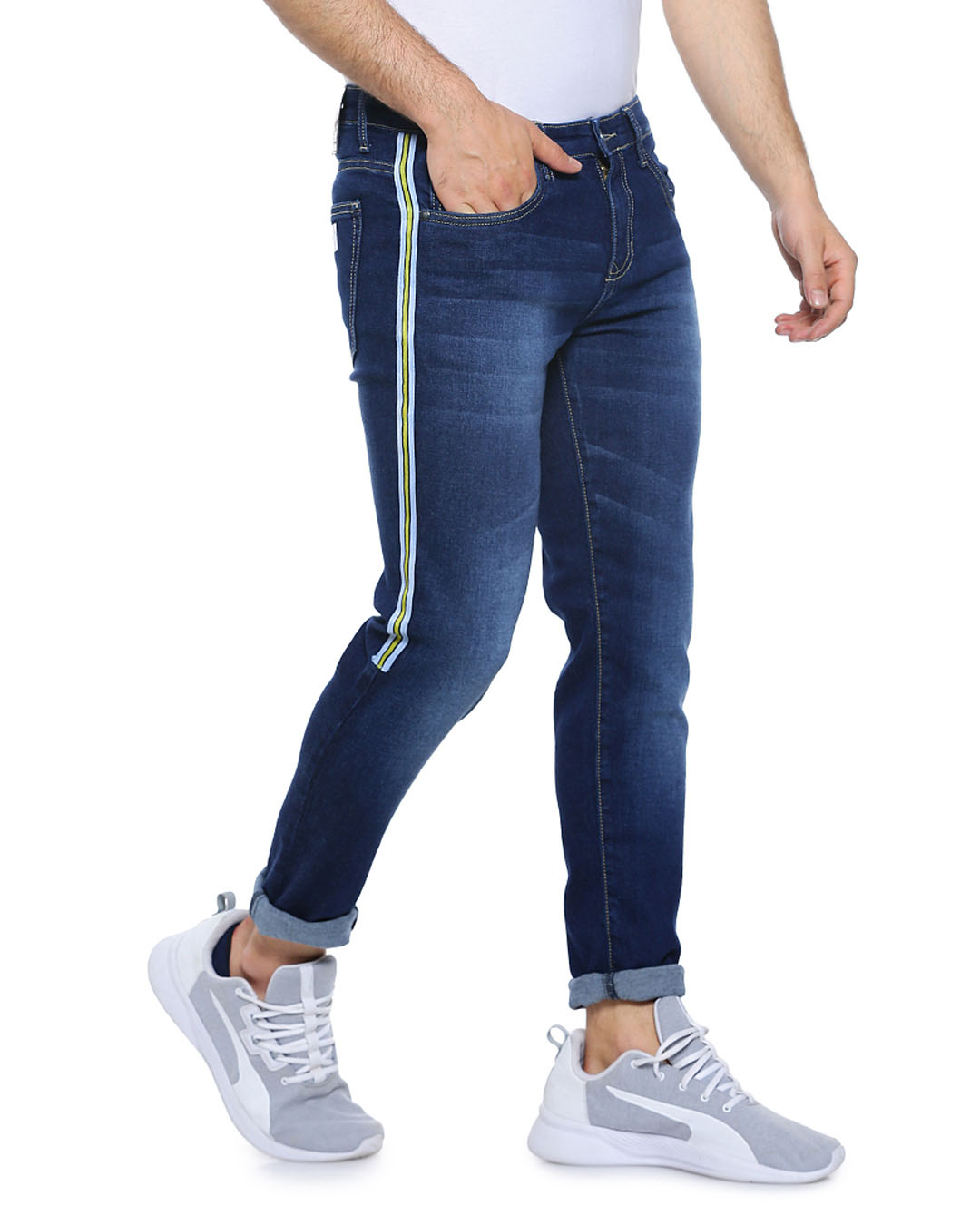 Shop Men's Slim Fit Solid Side Striped Stretch Stylish New Trends Blue Denim Jeans-Back