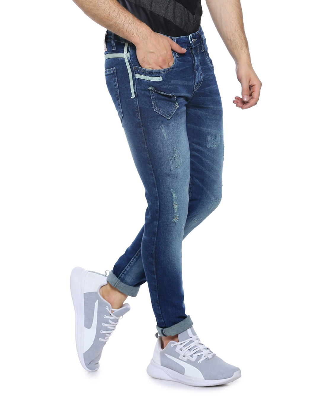 Shop Men's Slim Fit Solid Stretch Stylish New Trends Blue Denim Jeans-Back