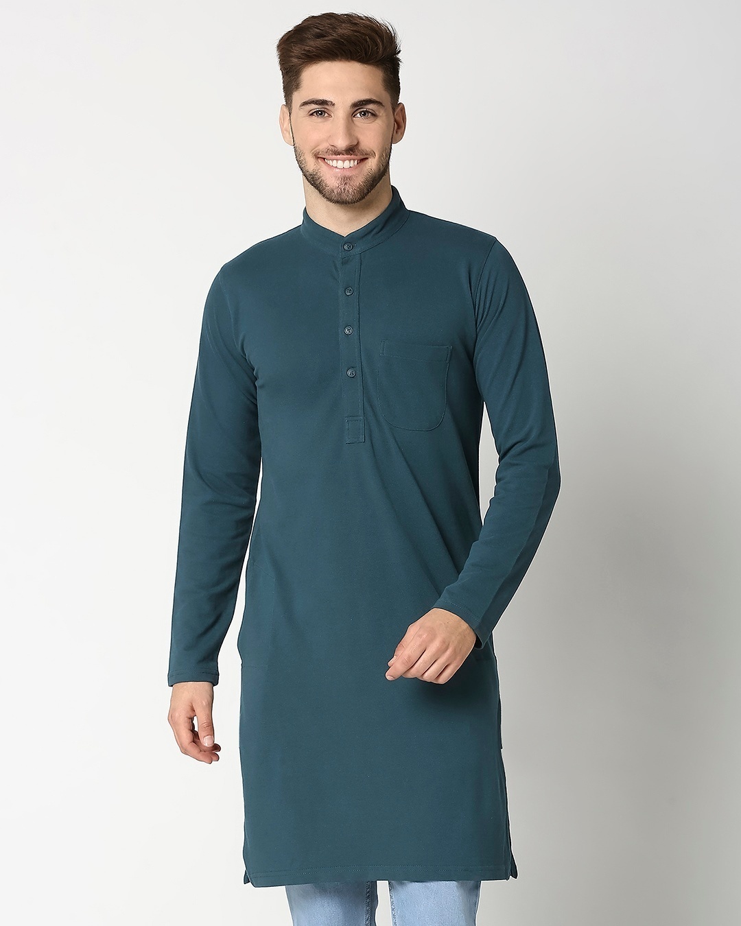 Shop Men's Green Cotton Relaxed Fit Mid Kurta-Back
