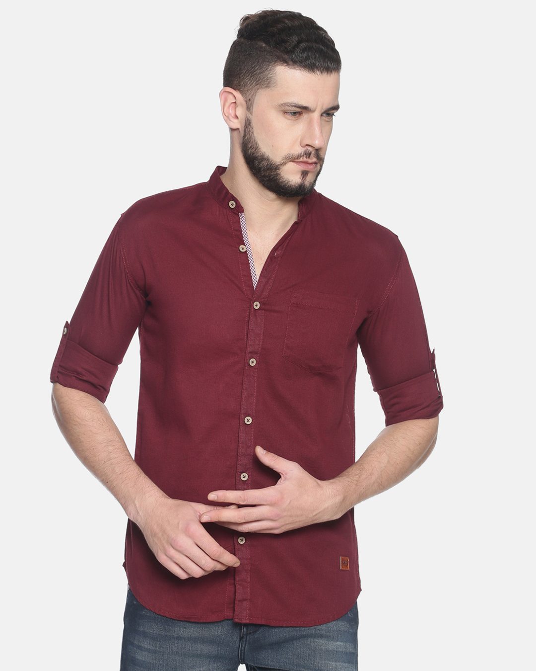 Shop Men's Solid Full Sleeve Chinese Collar Stylish Casual Shirt-Back