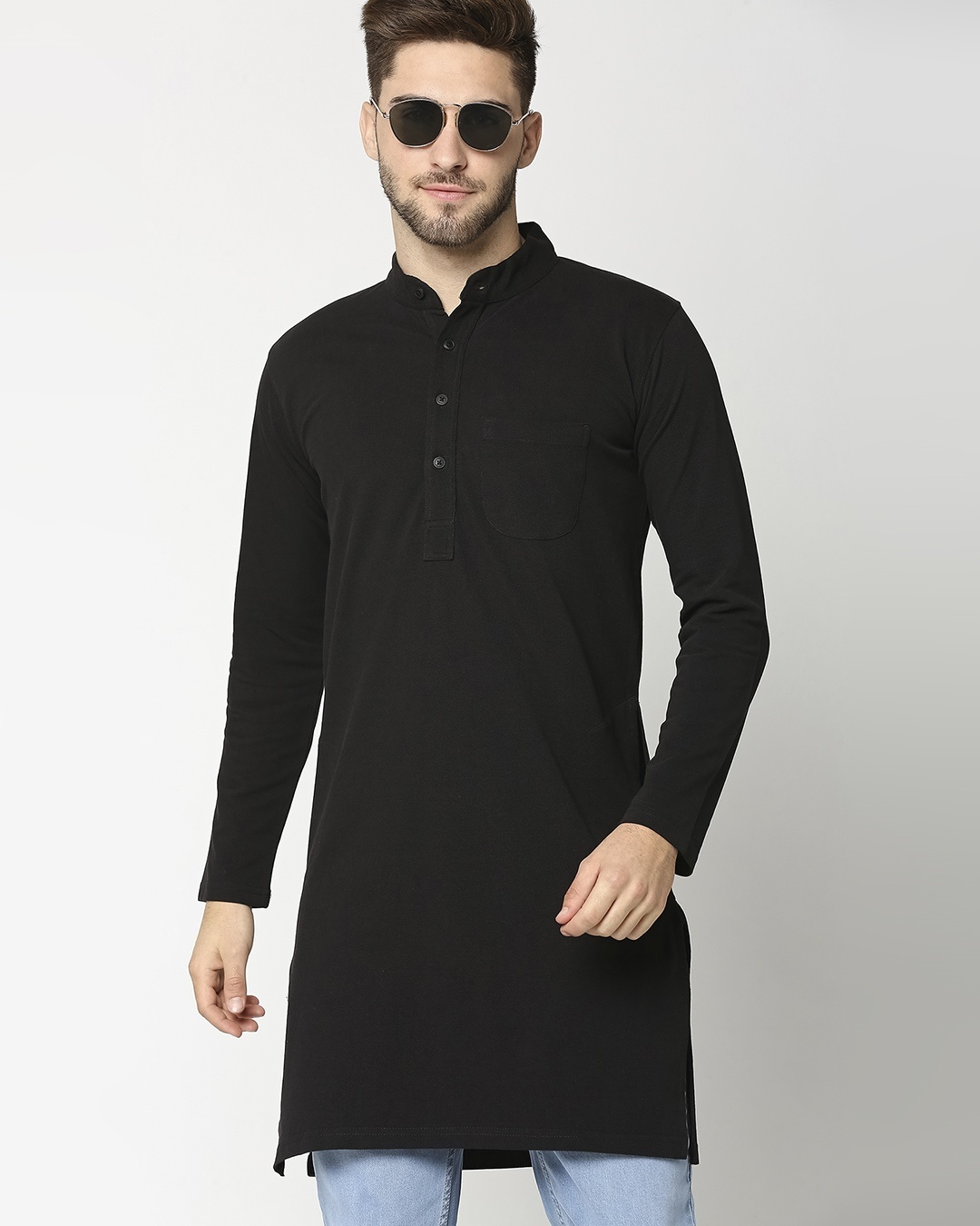 Buy Men's Solid Knit Black Kurta for 