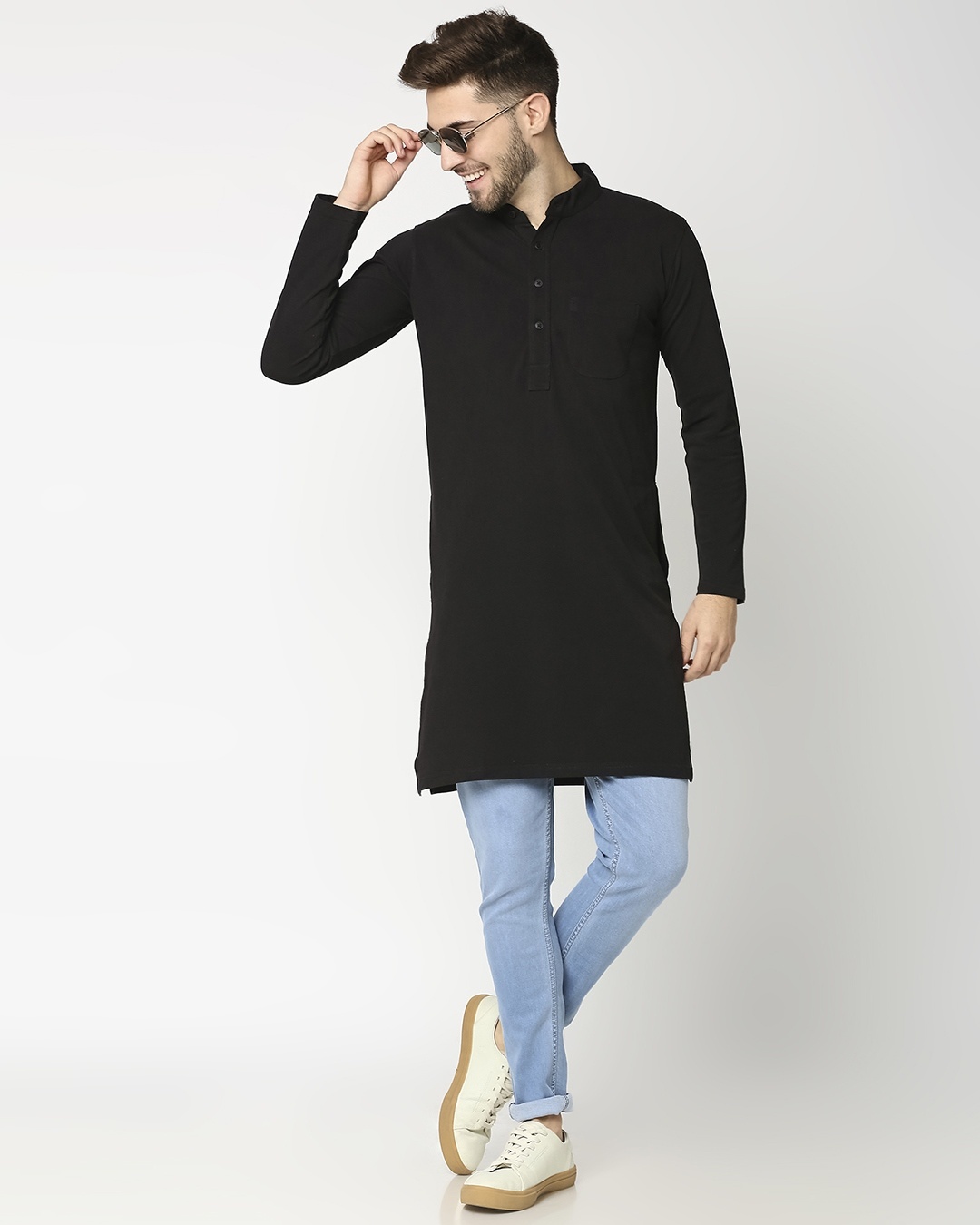 Buy Men's Solid Knit Black Kurta for 
