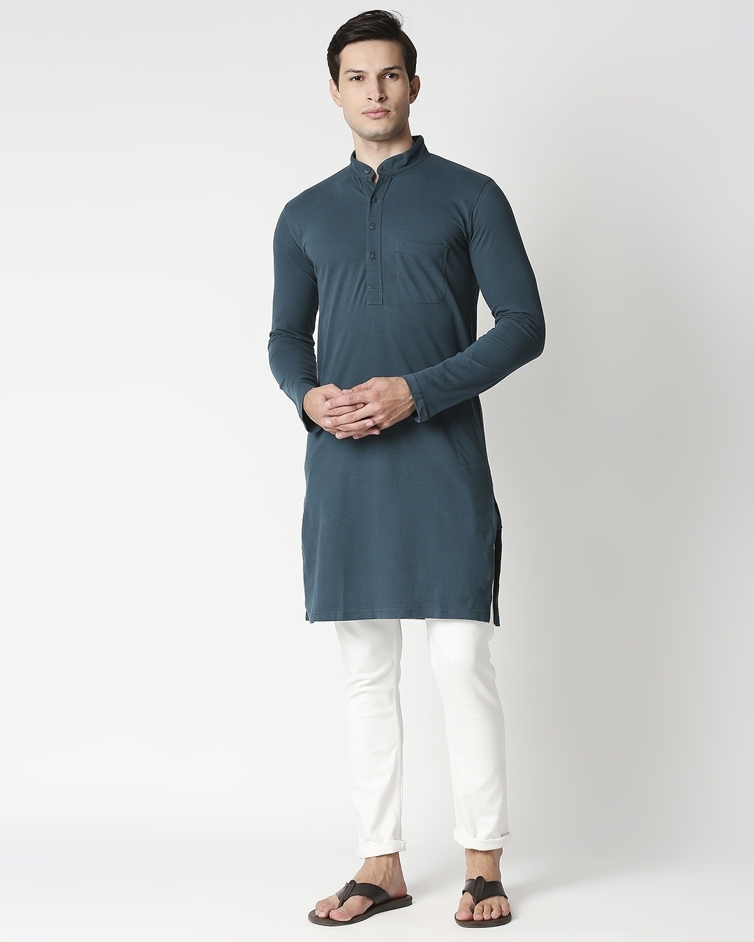 Shop Men's Blue Relaxed Fit Knit Kurta-Back