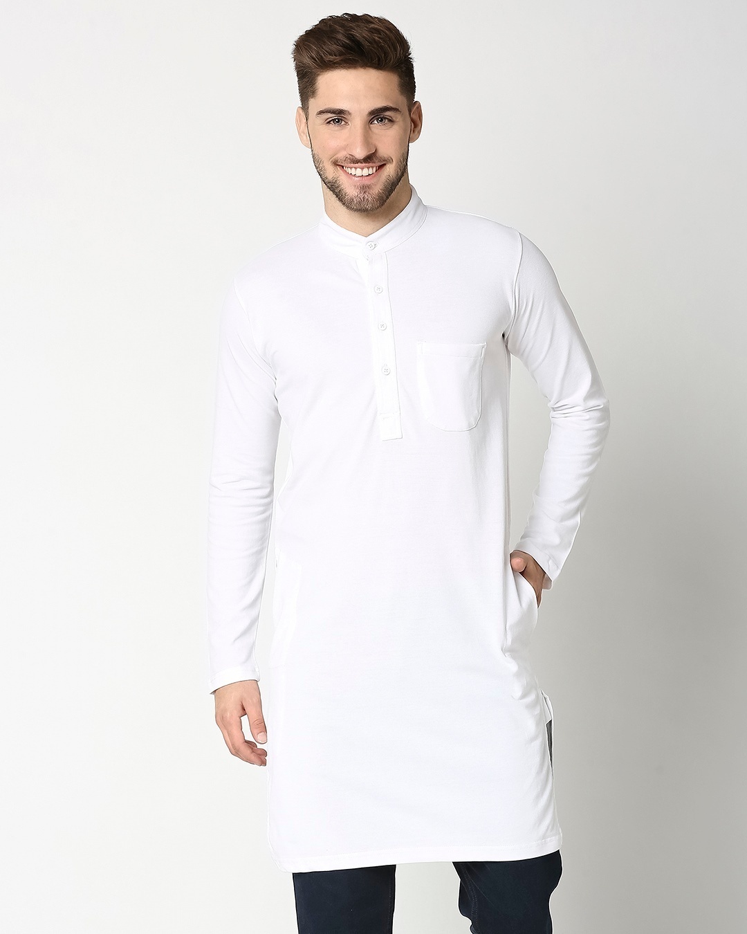 Shop Men's Solid Knit White Relaxed Fit Kurta-Back