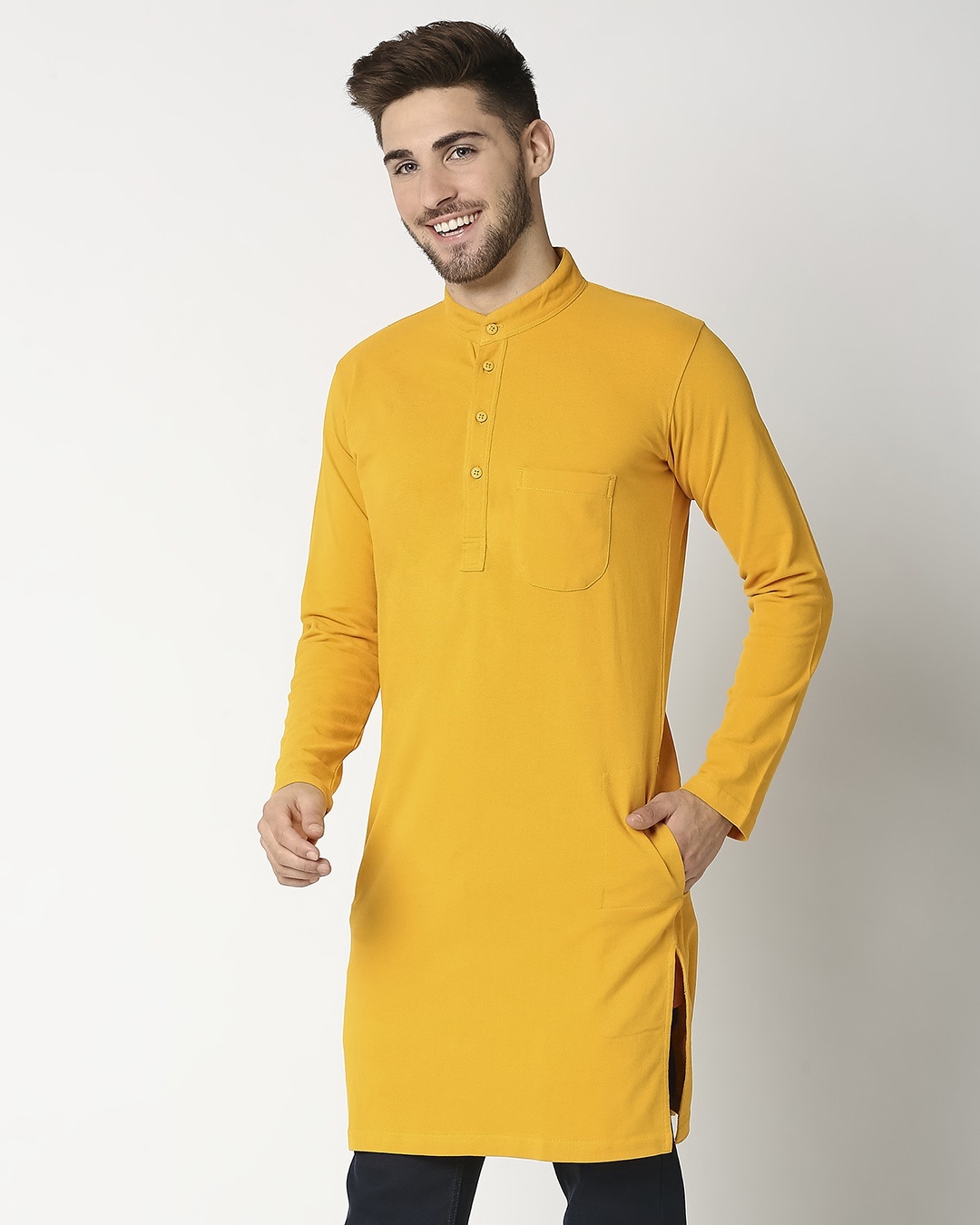 Solid Knit Yellow Kurta for Men yellow 