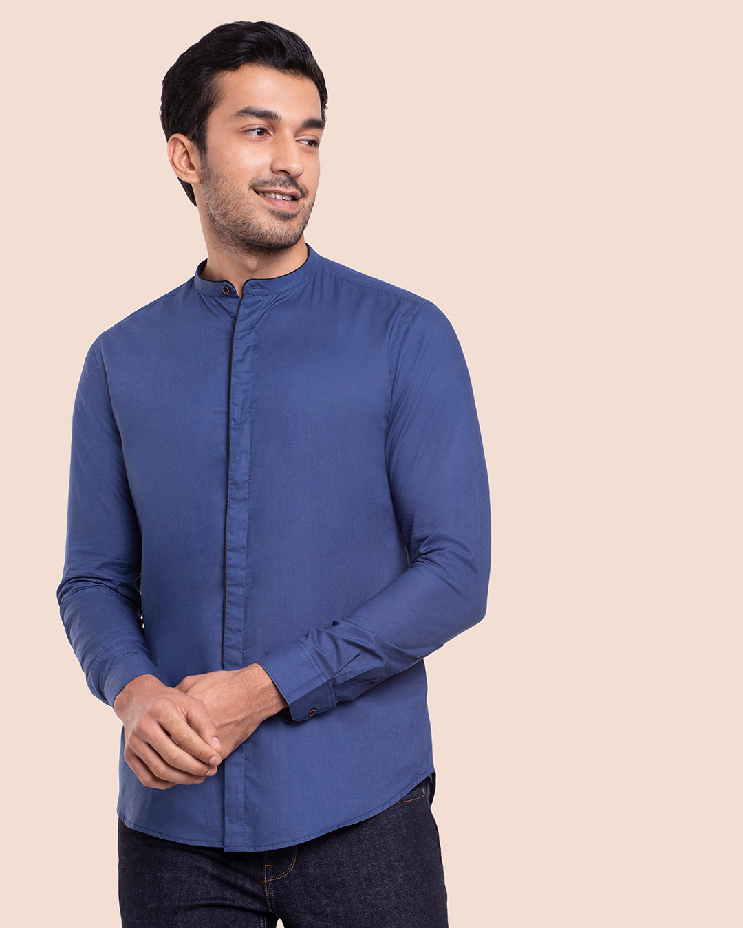 Shop Men's Solid Mandarin Collar Full Sleeves Shirt-Back