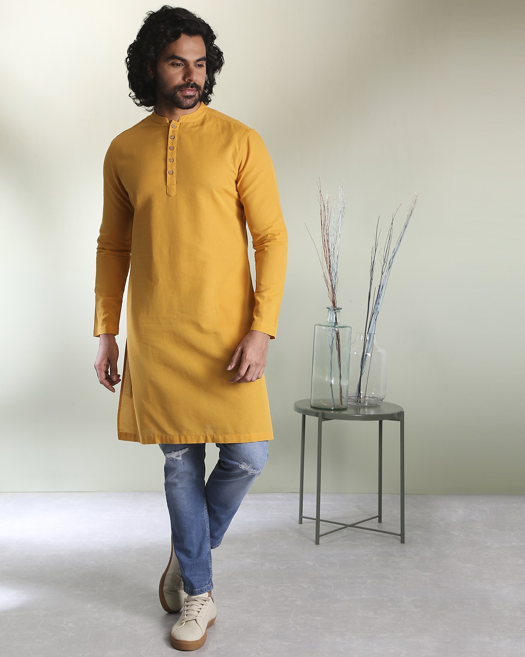 Solid Mustard Long Kurta for Men yellow 