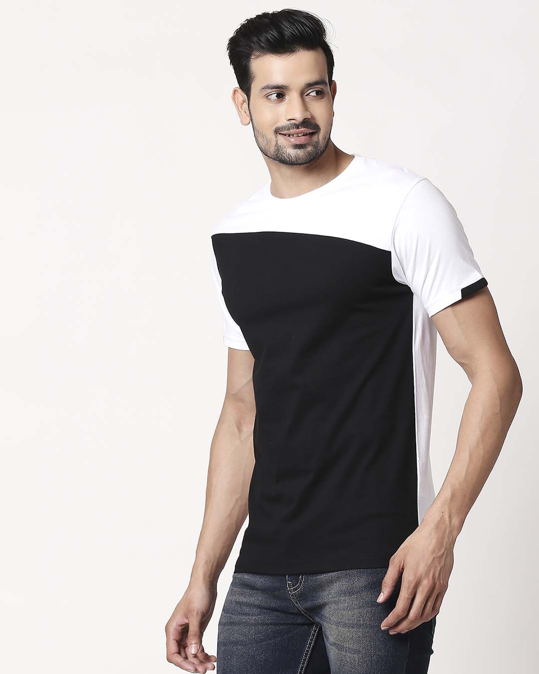 Shop Men's Sport Sleeve Colorblock T-shirt(Black-White)-Back