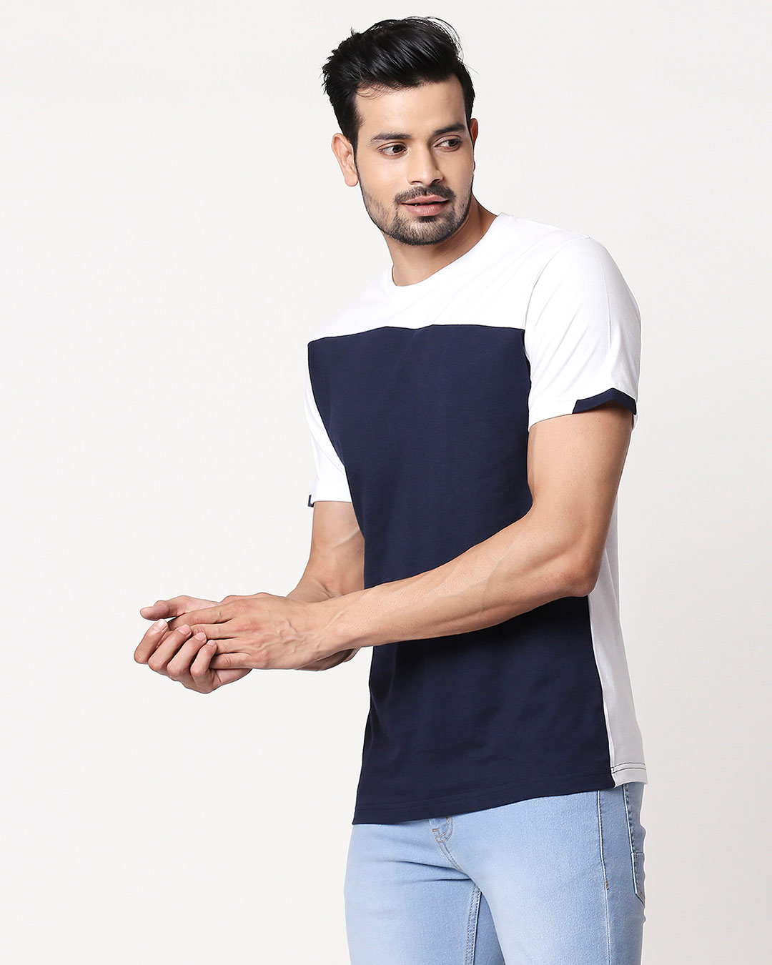 Shop Men's Sport Sleeve Colorblock T-Shirt (Navy Blue-White)-Back