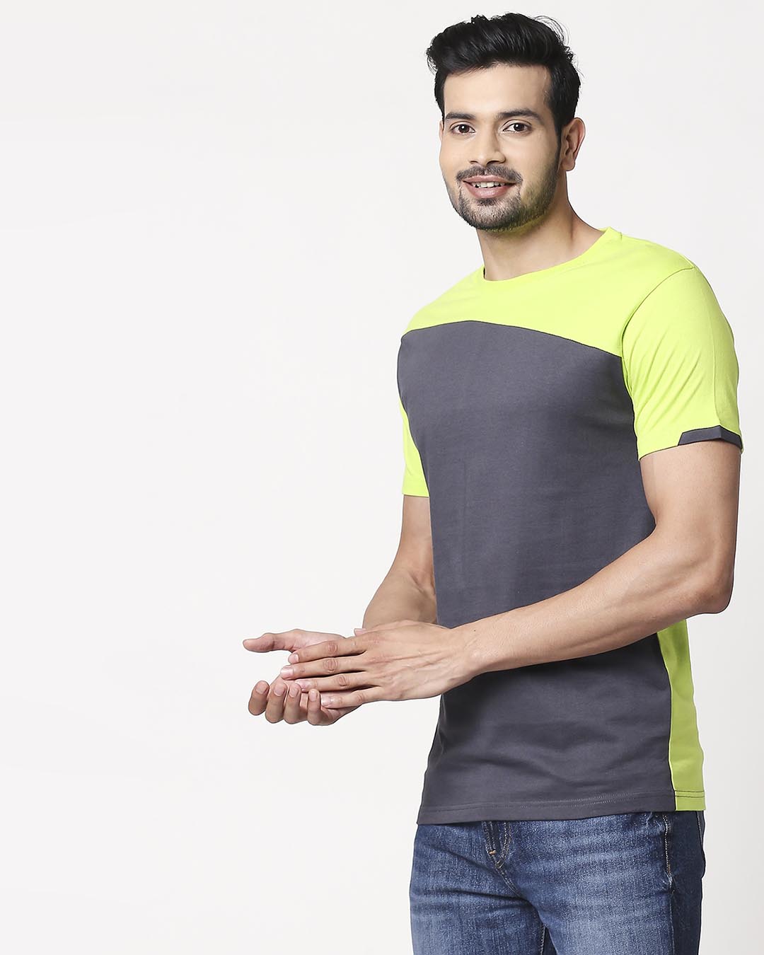 Shop Men's Sport Sleeve Colorblock T-shirt(Nimbus Grey-Neon Green)-Back