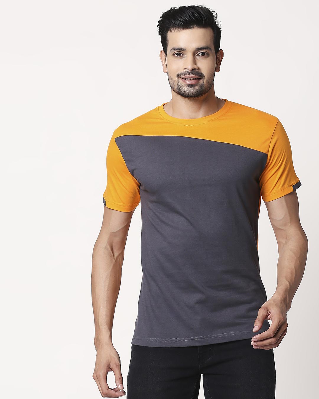 Buy Men's Sport Sleeve Colorblock T-shirt(Nimbus Grey-Neon Orange) for ...