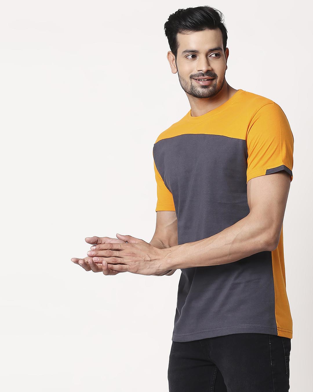 Shop Men's Sport Sleeve Colorblock T-shirt(Nimbus Grey-Neon Orange)-Back